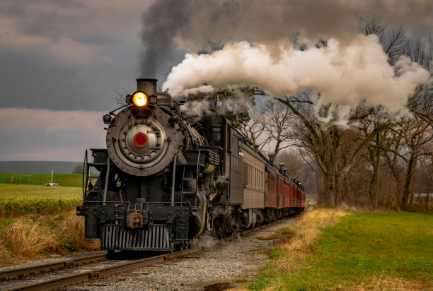 istock View of an Antique Freight Steam Train Blowing Smoke Approaching Thru Trees 1372980359