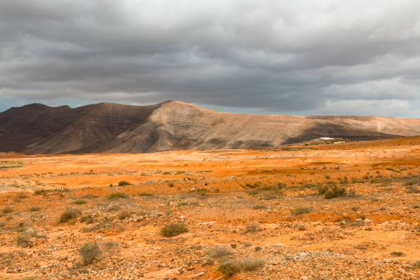 View over desert landscape to the village Vallebron in Fuerteventura, Spain.
