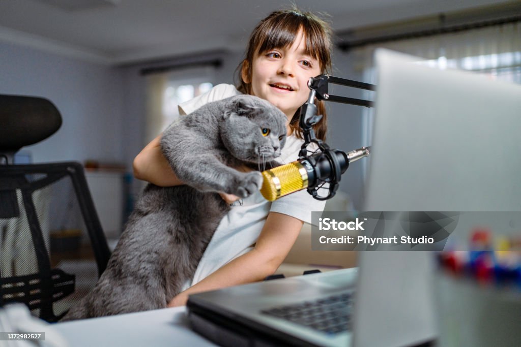 Image of young blogger girl recording broadcast with microphone Domestic Cat Stock Photo