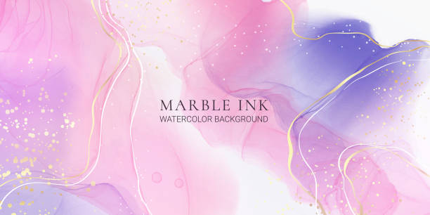 istock Purple rose and lavender liquid marble background with gold stripes and glitter dust. Pastel pink violet watercolor drawing effect. Vector illustration backdrop with gold splatter for wedding invite 1372985156