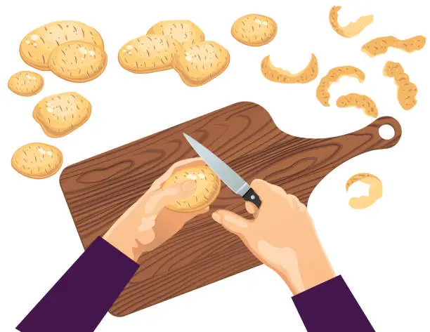 Vector illustration of Overhead View Of Hands Peeling Potatoes On A Transparent Background