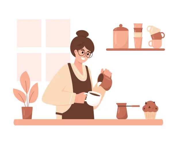Vector illustration of Young woman making Coffee with milk in kitchen