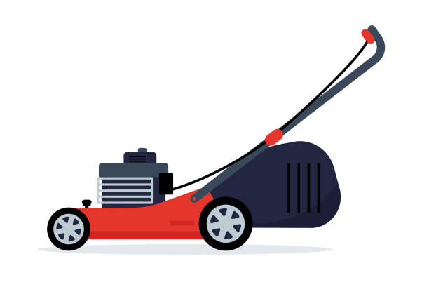 ilustrações de stock, clip art, desenhos animados e ícones de red lawn mower icon. electric work tool for cutting grass - lawn mower red plant lawn