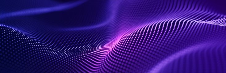Fondo de onda abstracto con muchas partículas brillantes. Ola musical. Fondo de red digital. 3D photo