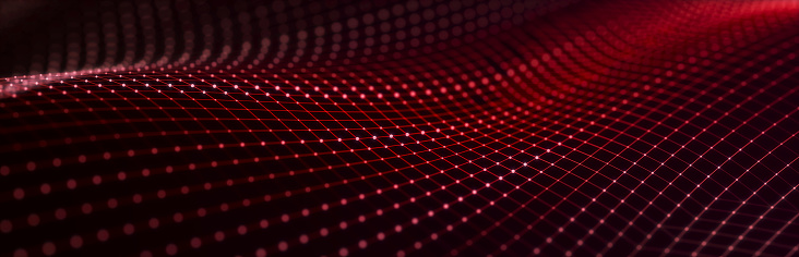 Particle stream. Red wave background with many glowing particles. Information technology background. 3d rendering