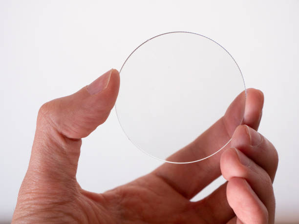 hand holds one glass lens - lens contact lens glasses transparent imagens e fotografias de stock