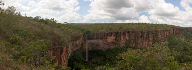 Panorama of spectacular waterfall and mountains, Chapada dos Guimarães in the state of Mato Grosso, Brazil. stock photo