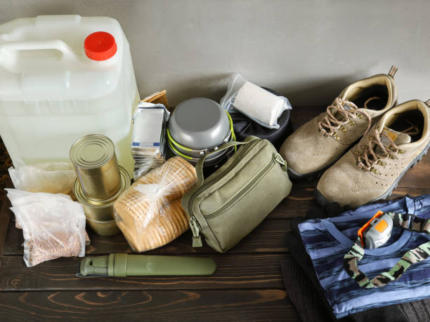 istock Set of long-term storage food and necessary objects for emergency situations 1373002697