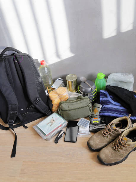 istock Survival set, backpack and necessary items in emergency and evacuation 1373002728