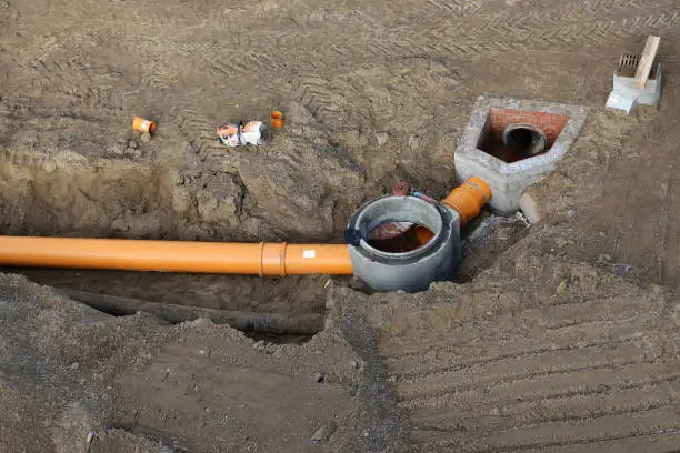 top view of a newly laid sewer system in the ground