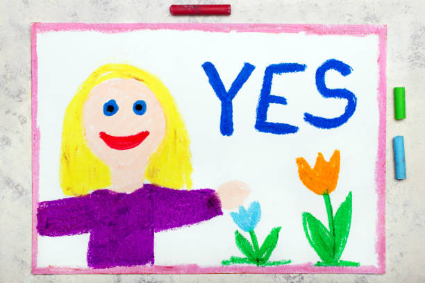Colorful drawing: smiling blond girl and word YES