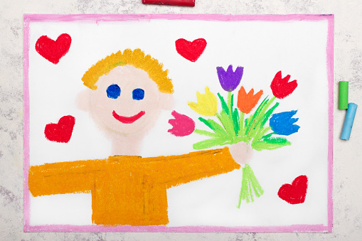 Colorful drawing: A smiling man holds a bouquet of flowers in his hand. Beautiful gift