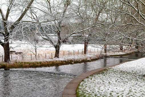 River Darent at Eynsford in Kent, England, after springtime snowfall.