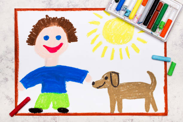 istock Colorful drawing: Smiling boy and his cute adopted dog 1373007131