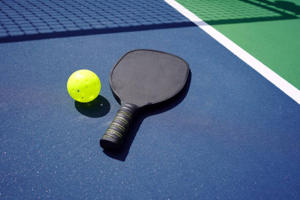 istock Pickleball paddle on court 1373007374