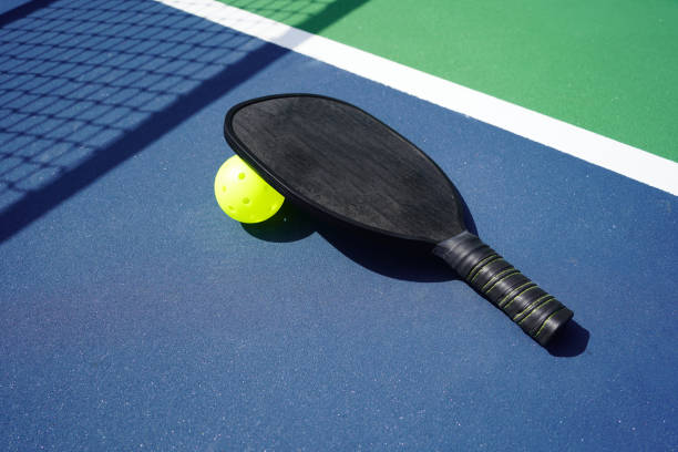 istock Pickle ball paddle and ball on court 1373008253
