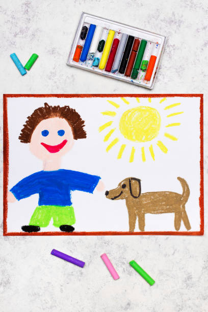 istock Colorful drawing: Smiling boy and his cute adopted dog 1373008451