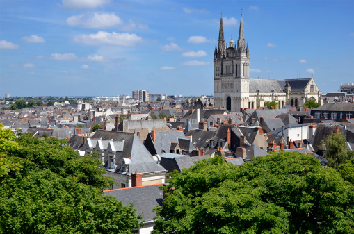 Aerial view of the town Angers with the cathedral Saint Maurice. Angers is a commune in the Maine-et-Loire department in western France about 300 km (190 mi) south-west of Paris