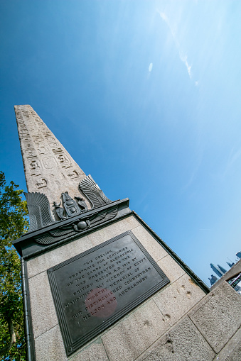 The obelisk was removed from Egypt by Isma'il Pasha. It was constructed in Heliopolis (Cairo) under the reign of 18th Dynasty Pharaoh Thutmose III.