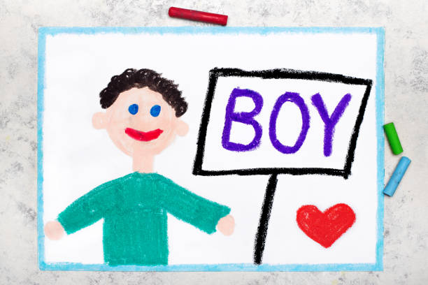 Colorful drawing: Cute smiling boy in sweater and word BOY next to him