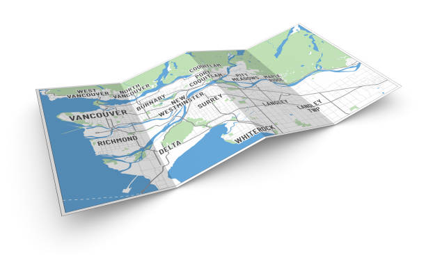 3d map of greater Vancouver and municipalities, BC, Canada. Perspective view of a 4-folded leaflet or brochure with modern map of Vancouver. Cities written in modern font. Isolated on white. road map of canada stock illustrations