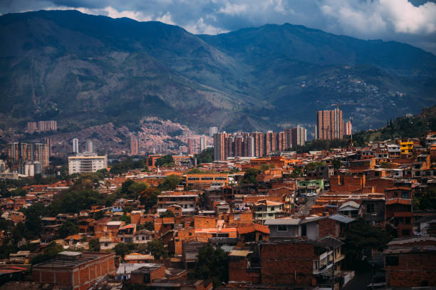 Aerial view of the Aburrá Valley and Medellín City with modern buildings at the background