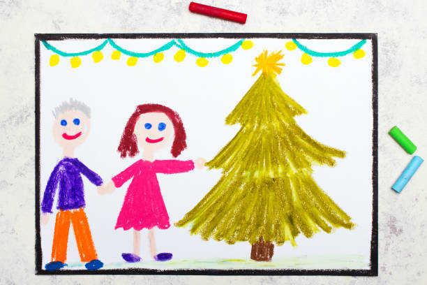 istock Colorful drawing: A Christmas time, a smiling couple and beautiful Christmas tree 1373014654