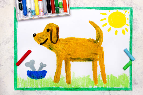 istock Colorful drawing: cut brown dog and bowl with bones 1373015454