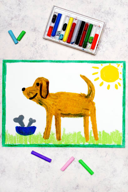 istock Colorful drawing: cut brown dog and bowl with bones 1373015683