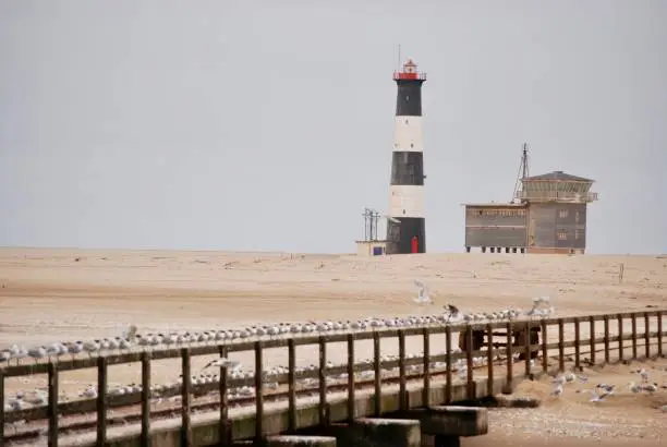 The Pelican Point Lighthouse is a lighthouse overlooking the Atlantic Ocean from Pelican Point, a long sandbar guarding Walvis Bay, Namibia. It was opened by the South African government in 1932.