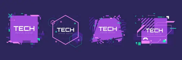 Vector illustration of Modern technology banners collection in cyberpunk style. Abstract sci-fi text boxes with glitch effect. Futuristic hi-tech badges. Colorful glitchy background set. Vector illustration.