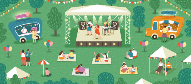 Outdoor music festival abstract concept Outdoor music festival abstract concept. Young people sitting on grass in park, having picnic and listening to performance of their favorite band. Entertainment. Cartoon flat vector illustration music festival stock illustrations