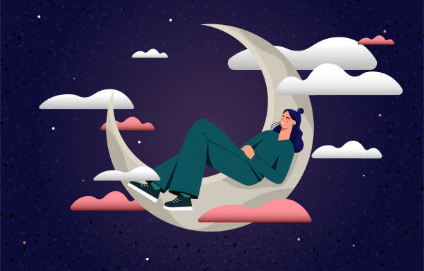 illustrations, cliparts, dessins animés et icônes de mignonne fille dormant sur la lune concept abstrait - moon vector space night