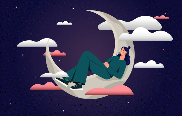 cute girl sleeping on moon abstract concept - gece illüstrasyonlar stock illustrations