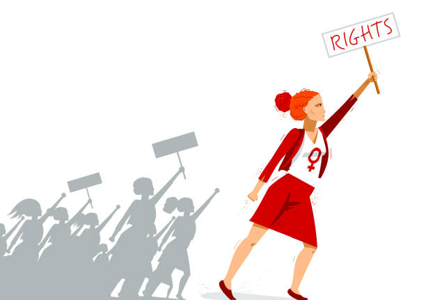 Feminist woman activist leading a crowd of people struggles for rights vector illustration isolated, social justice warriors, girl power. Feminist woman activist leading a crowd of people struggles for rights vector illustration isolated, social justice warriors, girl power. angry crowd stock illustrations