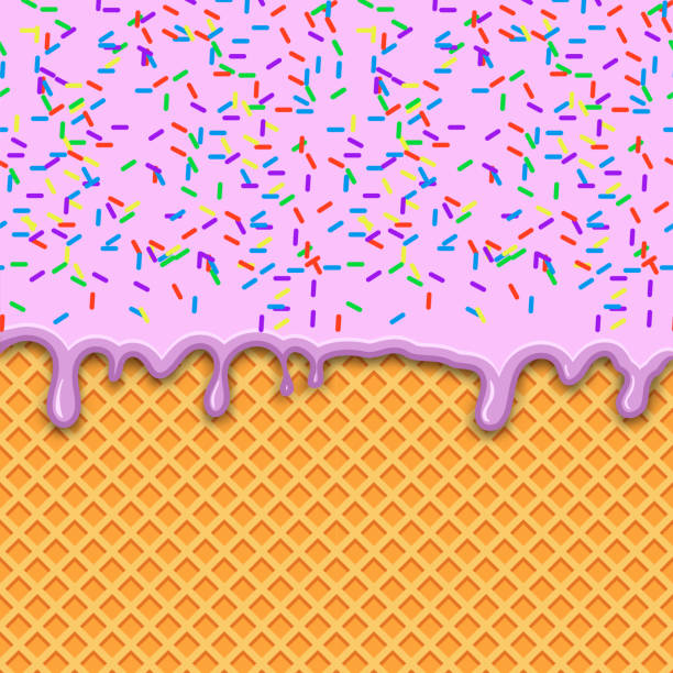 istock Pink strawberry ice-cream melted on waffle background. Pink ice cream melted with colorful cute candy sprinkles. Vector Illustration 1373023859