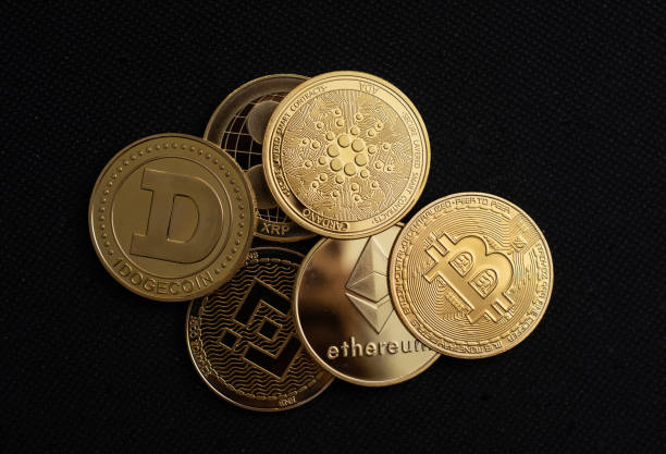 Cryptocurrency coins in close up. Bitcoin, Ethereum, Binance. stock photo