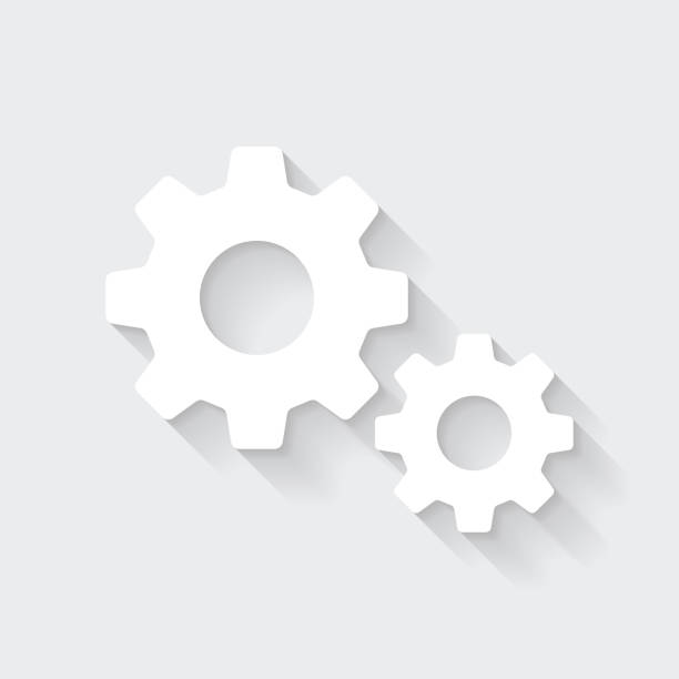 Gears - settings. Icon with long shadow on blank background - Flat Design White icon of "Gears - settings" in a flat design style isolated on a gray background and with a long shadow effect. Vector Illustration (EPS10, well layered and grouped). Easy to edit, manipulate, resize or colorize. Vector and Jpeg file of different sizes. gears icon white stock illustrations