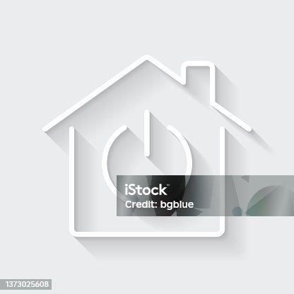 istock Smart home - House with power button. Icon with long shadow on blank background - Flat Design 1373025608