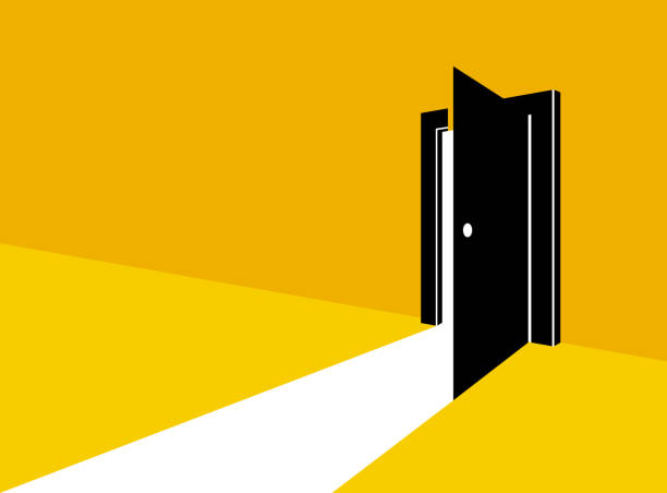 half open secret door new opportunities concept vector illustration, fear of the unknown, step inside the future, what is behind, what is there. - delik illüstrasyonlar stock illustrations