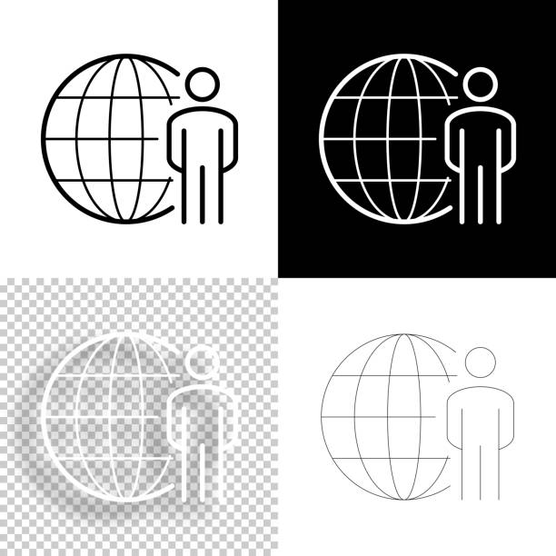 person mit globus. icon für design. leere, weiße und schwarze hintergründe - liniensymbol - nomade stock-grafiken, -clipart, -cartoons und -symbole