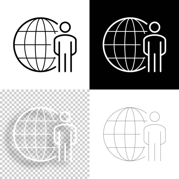 illustrazioni stock, clip art, cartoni animati e icone di tendenza di persona con globo. icona per il design. sfondi vuoti, bianchi e neri - icona a forma di linea - business people globe global communications