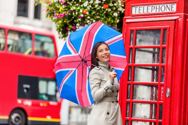 Photo of London tourist travel woman with UK flag umbrella, telephone box, red big bus. Europe travel destination Asian girl with british icons, red phonebox, double decker hop on hop off bus in famous city