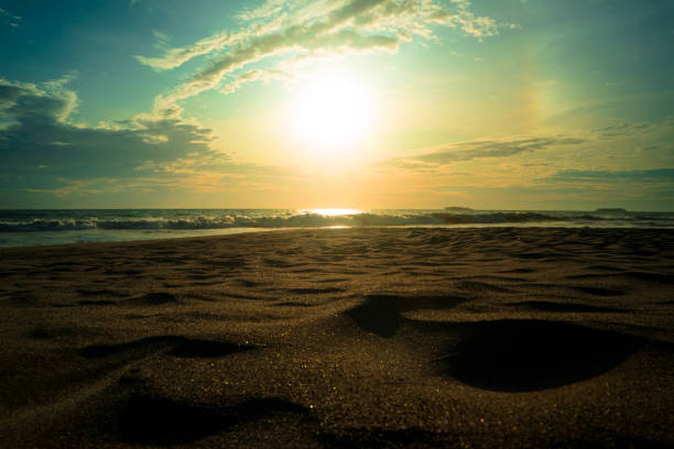 Stock market sign written on sand on a beautiful beach at sunset