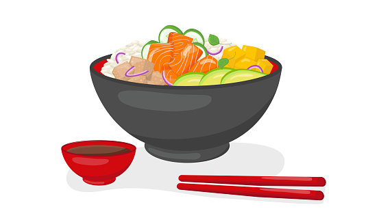 Salmon poke bowl with soya sauce, chopsticks illustration Hawaiian cuisine. Vector stock illustration isolated on white background for menu fast food restaurant with healthy, bio, organic meals. EPS10