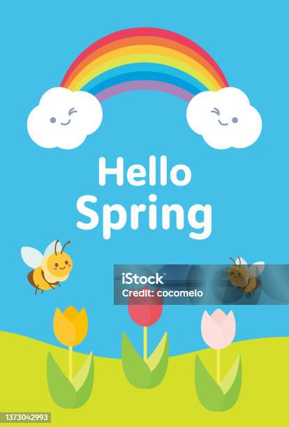 Hello Spring Rainbow Honey Bee Tulip Stock Illustration - Download ...