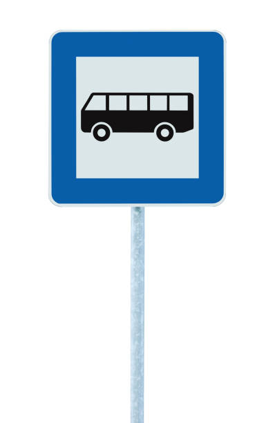 ilustraciones, imágenes clip art, dibujos animados e iconos de stock de señal de tráfico de parada de autobús, señalización de tráfico de cercanías aislada en la carretera blanca, marco azul cuadrado, poste de poste gris, primer plano vertical detallado grande, concepto de desplazamiento - coach bus illustrations