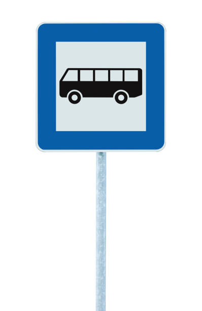 istock Bus stop road sign, white isolated roadside commuter traffic signage, square blue frame, grey pole post, large detailed vertical closeup, commuting concept 1373047653