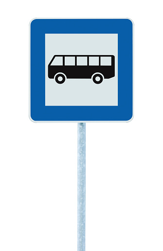 Bus stop road sign, white isolated roadside commuter traffic signage, square blue frame, grey pole post, large detailed vertical closeup, commuting concept