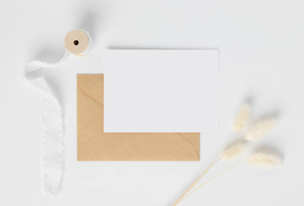 istock Blank greeting card invitation Mockup on Brown envelope with Dried bunny tails grass on white background, Minimal table workplace composition, flat lay, mockup 1373050188